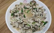 The method of stir frying chicken jerky with shiitake mushrooms