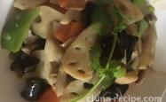 The method of stir frying meat with lotus root and fungus