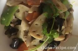 The method of stir frying meat with lotus root and fungus