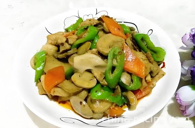 The method of stir frying pork slices with mushrooms