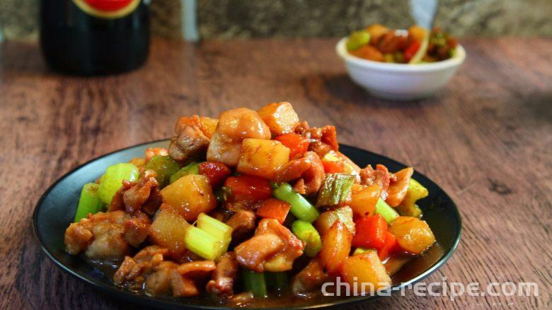 The method of stir frying diced chicken and potatoes