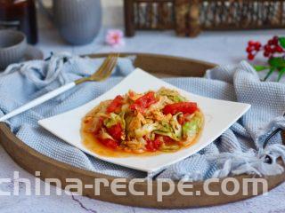 番茄鸡蛋炒圆白菜,成品图。